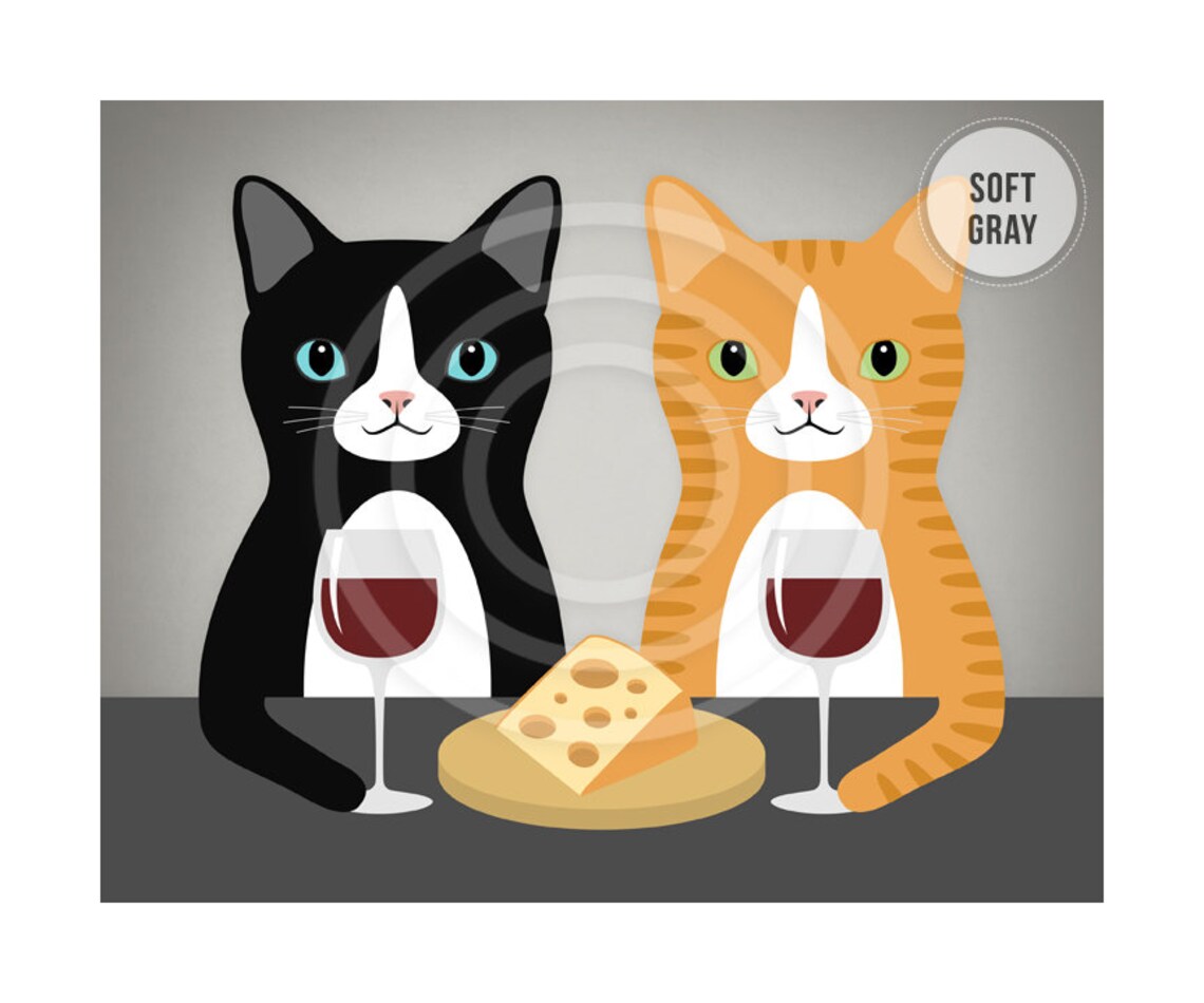Two Cats Drinking Red Wine With Cheese Funny Cat Wine Decor Wall Art Poster