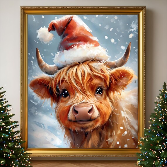 Cute Highland Cow Calf Wearing Santa Hat Snowy Holiday Art Poster