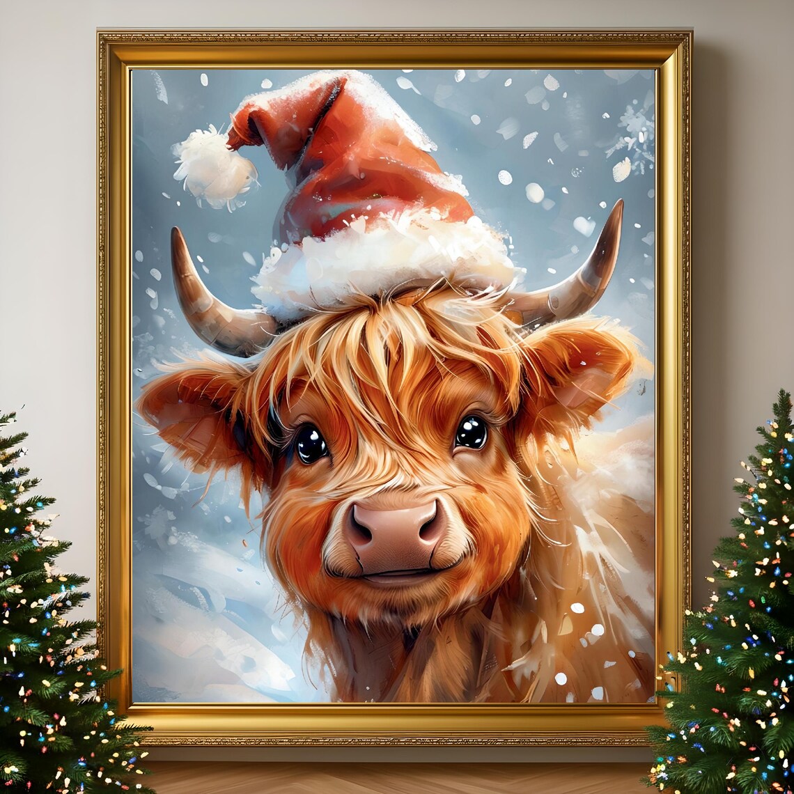 Cute Highland Cow Calf Wearing Santa Hat Snowy Holiday Art Poster