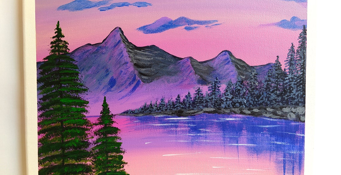 Pink Sunset Mountain Lake Pine Trees Reflection Night Painting Print - Image 3