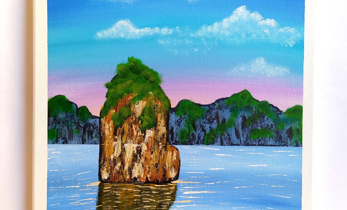 Rocky Island Seascape Green Cliffs Calm Blue Ocean Painting Print - Image 3