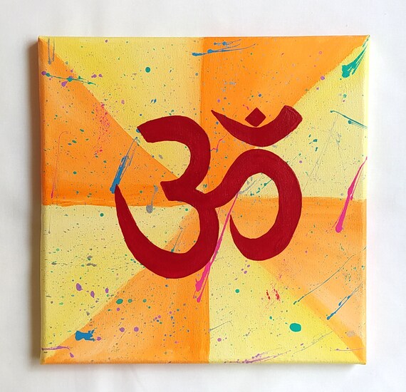 Red Om Aum Symbol Yellow Orange Abstract Splatter Zen Meditation Wall Art