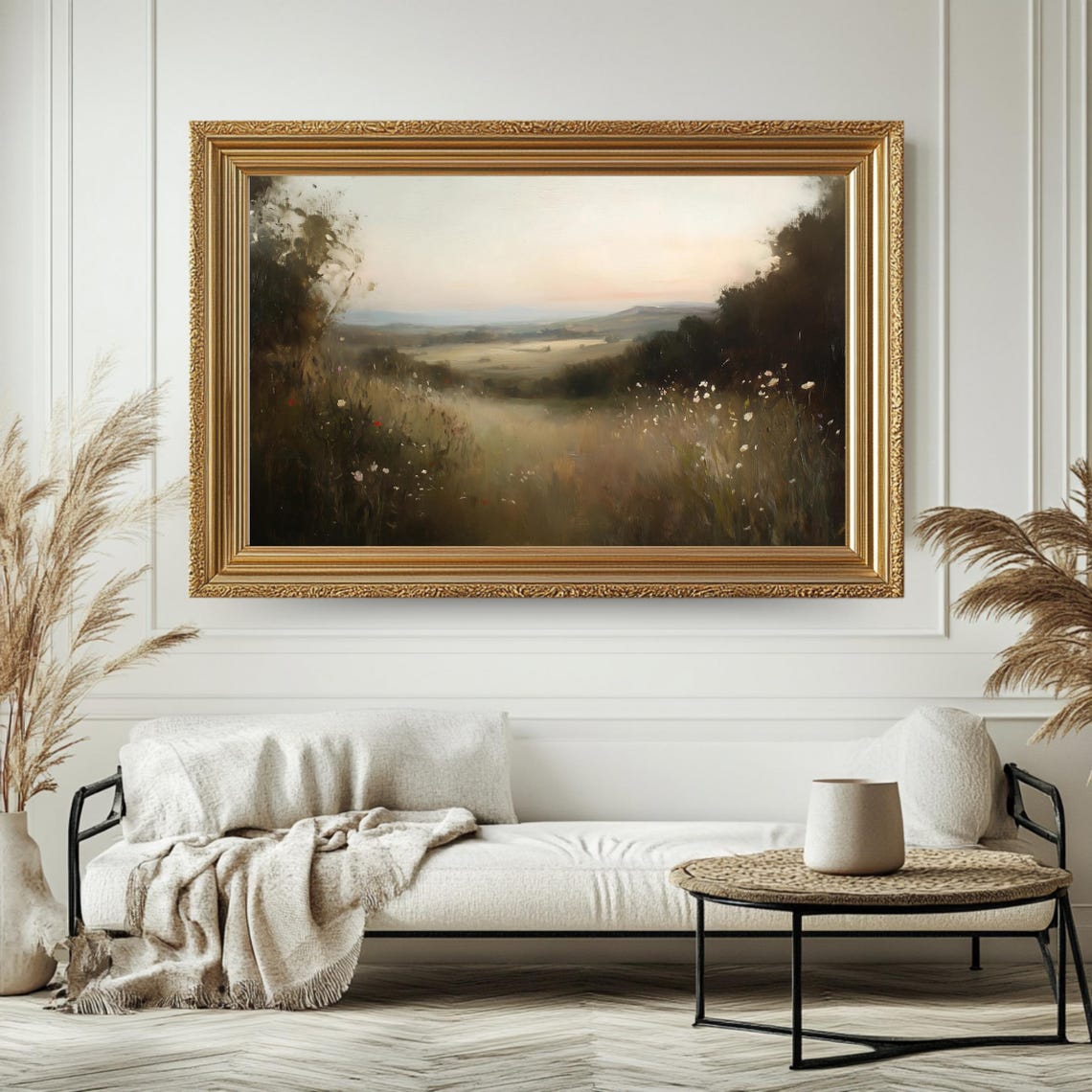 Neutral Sunset Landscape Art Print Rustic Wall Decor Horizontal Vintage Painting Serene Nature - Image 4
