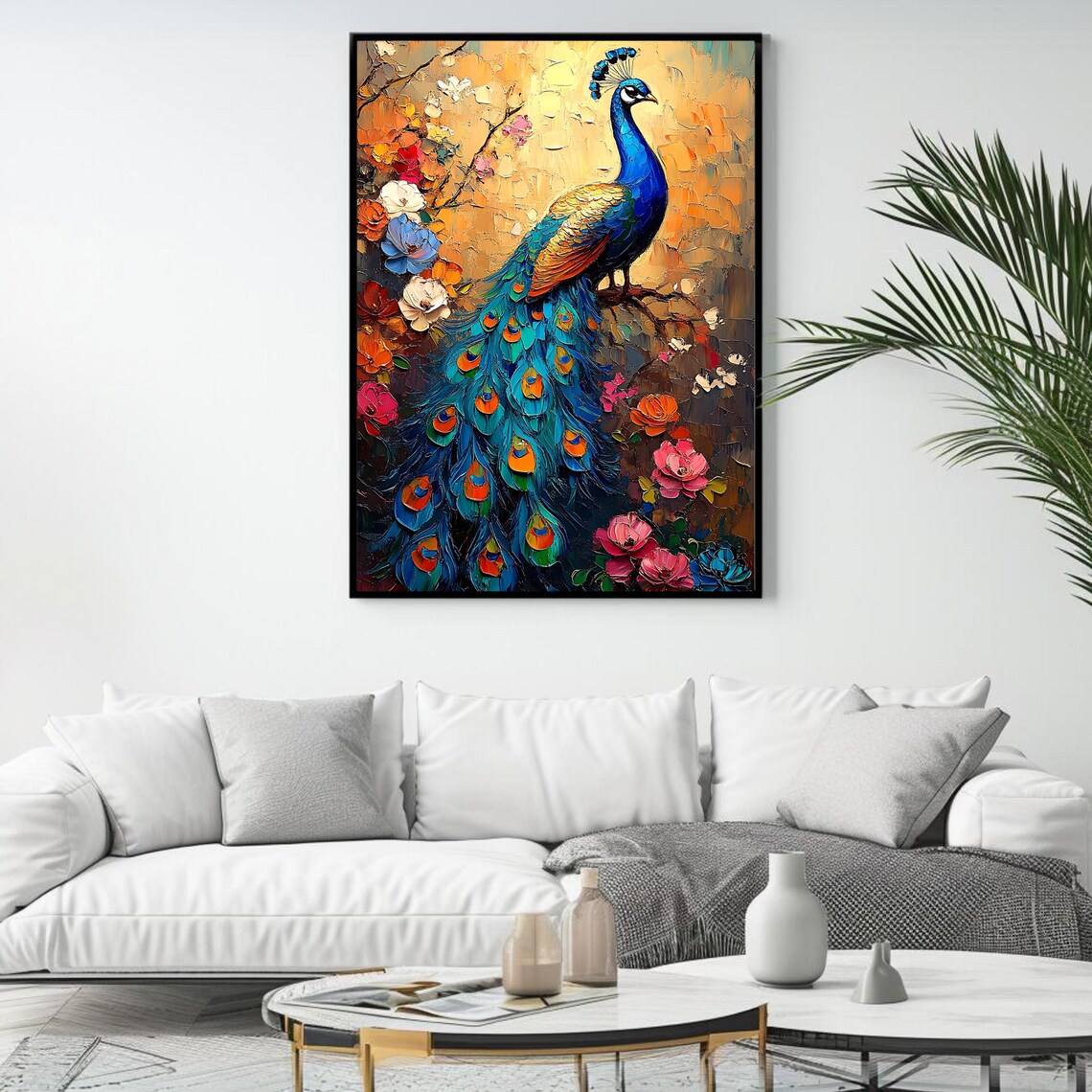Vibrant Peacock Impasto Oil Painting Colorful Floral Bird Poster - Image 4