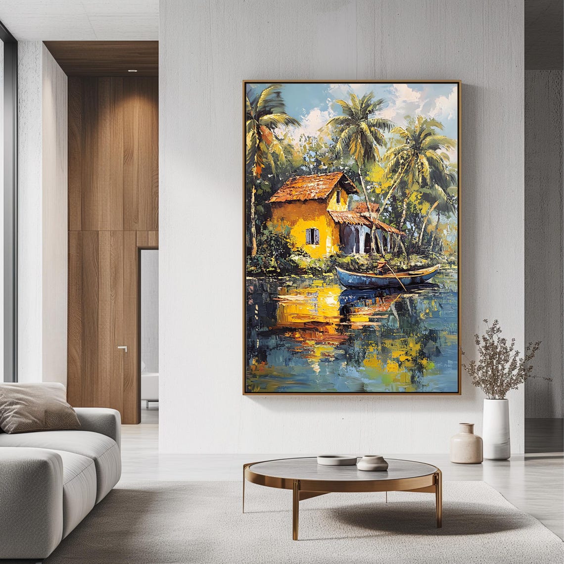Tropical Lake House Palm Trees Canoe Golden Reflections Island Poster - Image 3