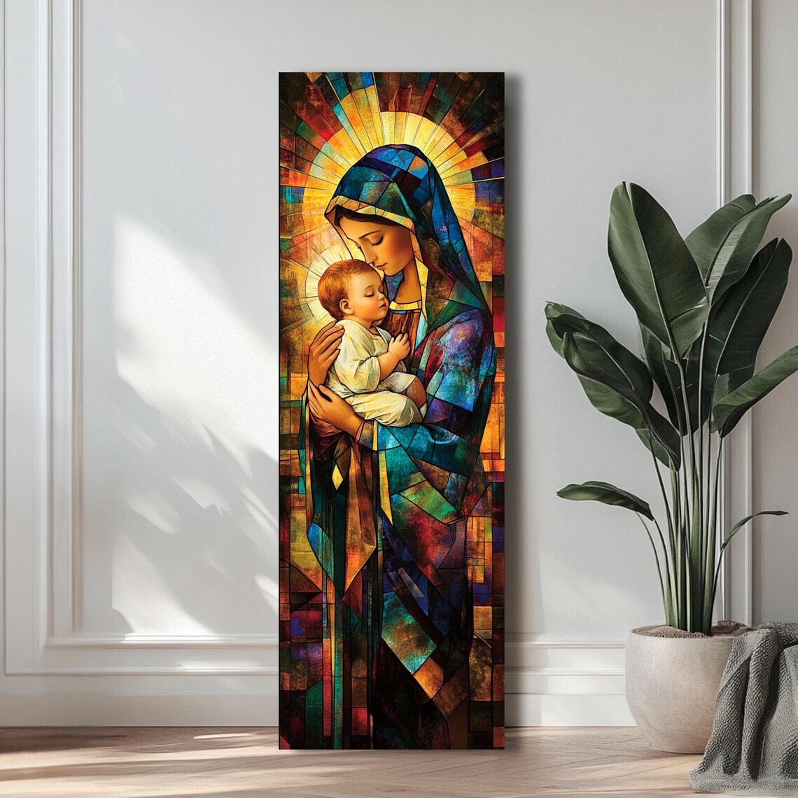 Virgin Mary And Baby Jesus Stained Glass Art Print Blessed Mother Devotional Wall Decor - Image 3