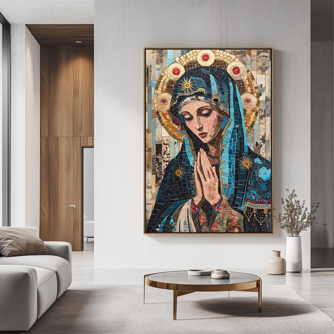 Virgin Mary Mosaic Blue Gold Praying Hands Catholic Religious Wall Art Poster - Image 3