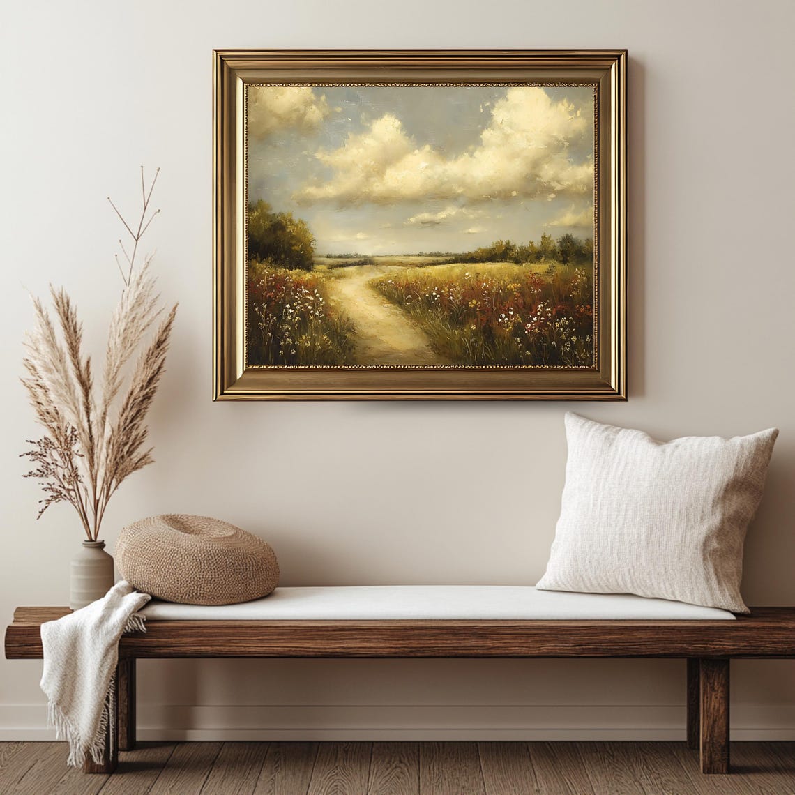 Country Dirt Path Wildflower Field Cloudy Sky Rural Meadow Wall Art - Image 2