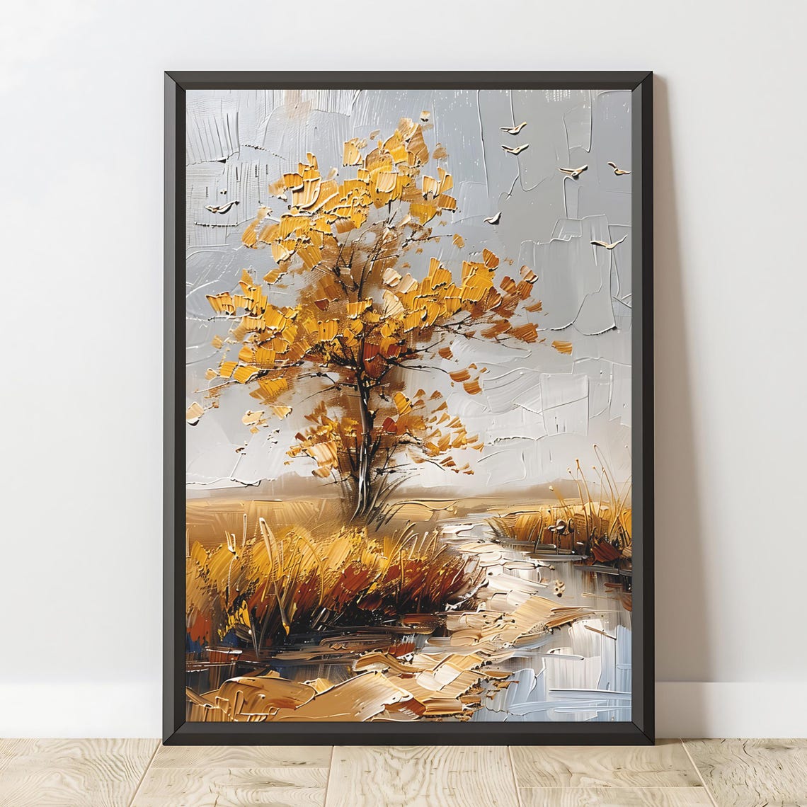 Golden Autumn Tree by a Calm Lake Impasto Style Fall Landscape Poster - Image 2