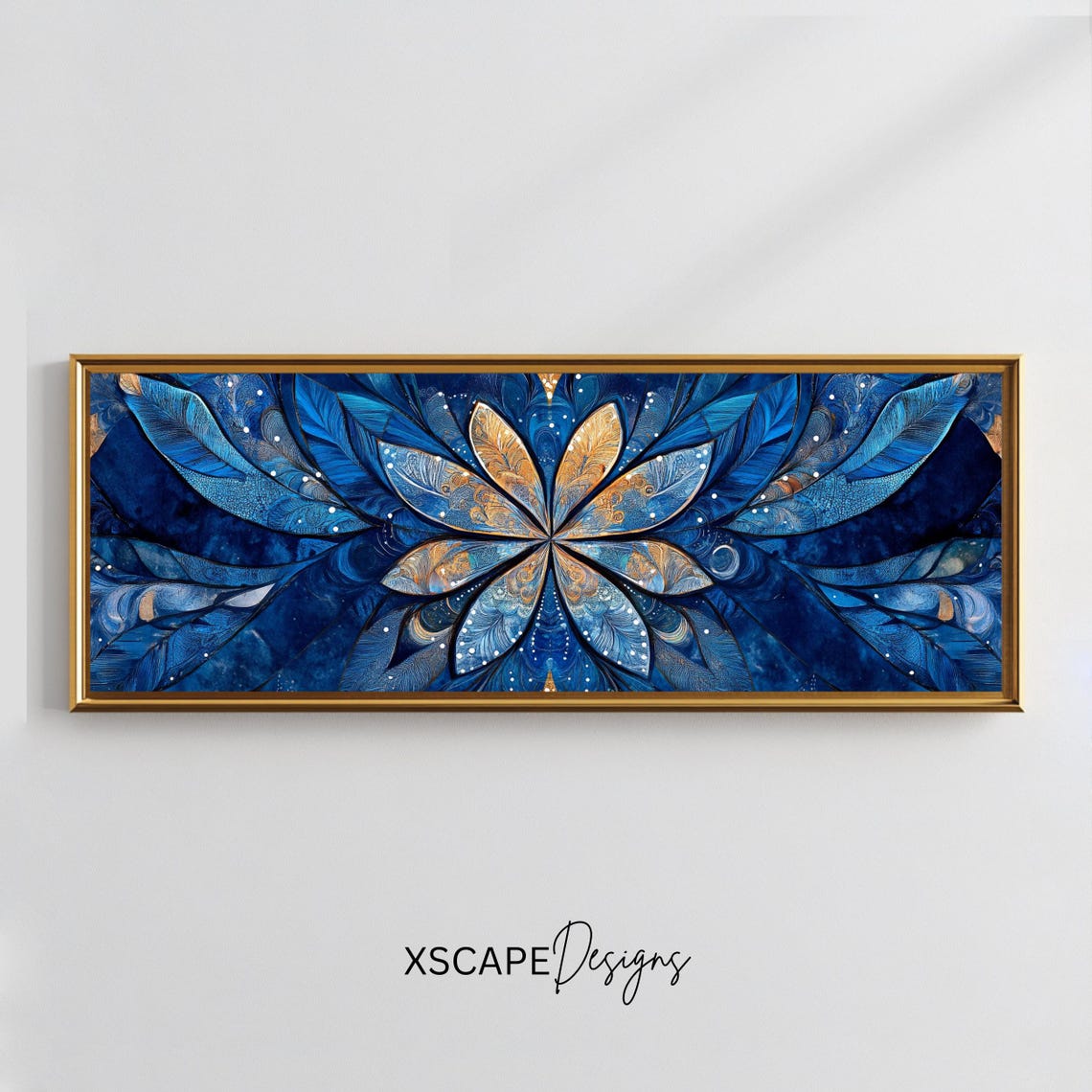 Blue Gold Symmetric Mandala Petals Panoramic Boho Art Poster
