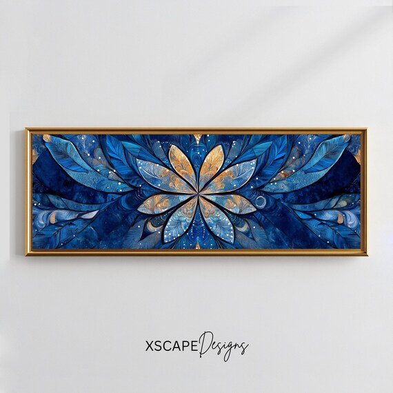 Blue Gold Symmetric Mandala Petals Panoramic Boho Art Poster