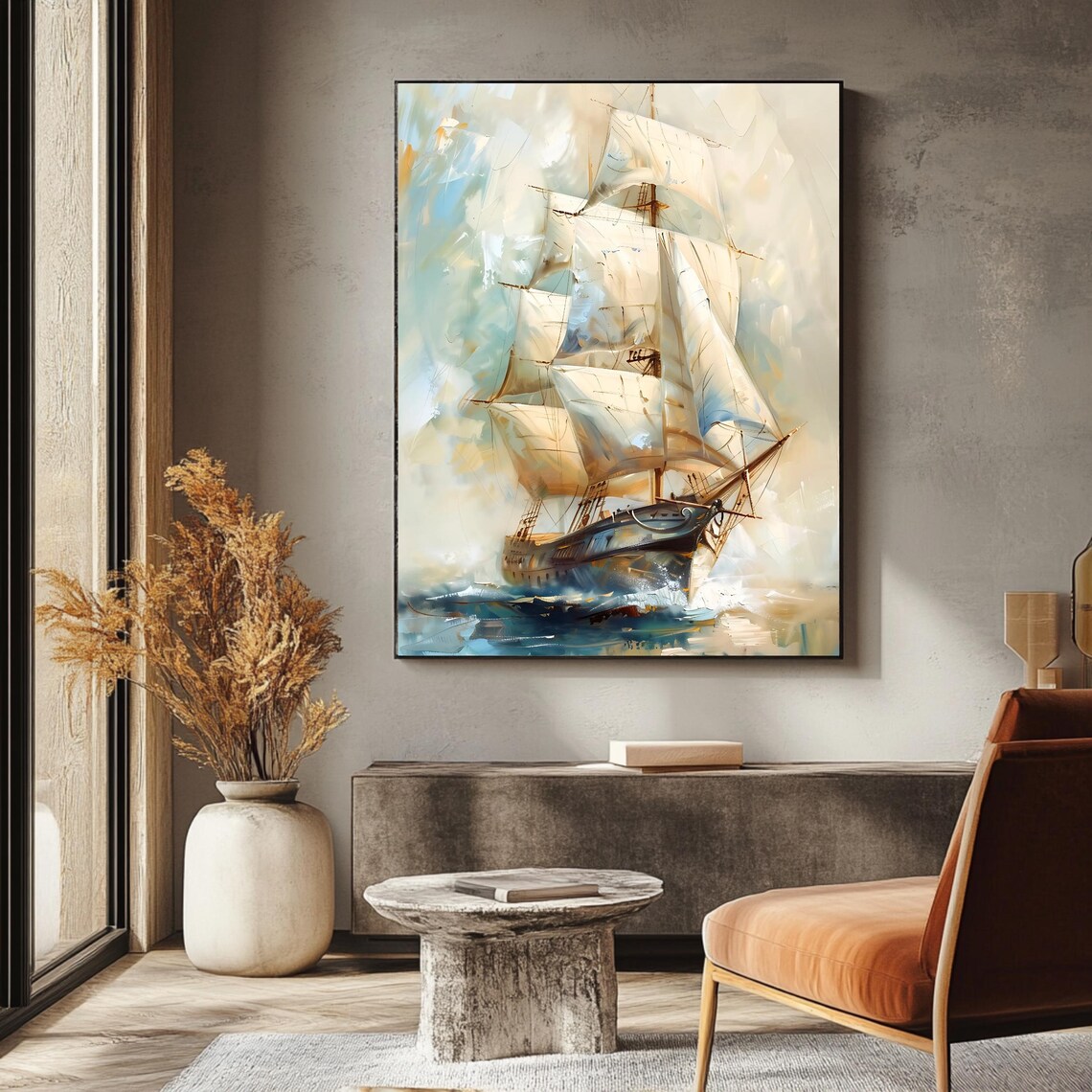 Vintage Sailing Ship Art Print Neutral Nautical Wall Decor Rustic Coastal Home Art Vintage Painting - Image 3