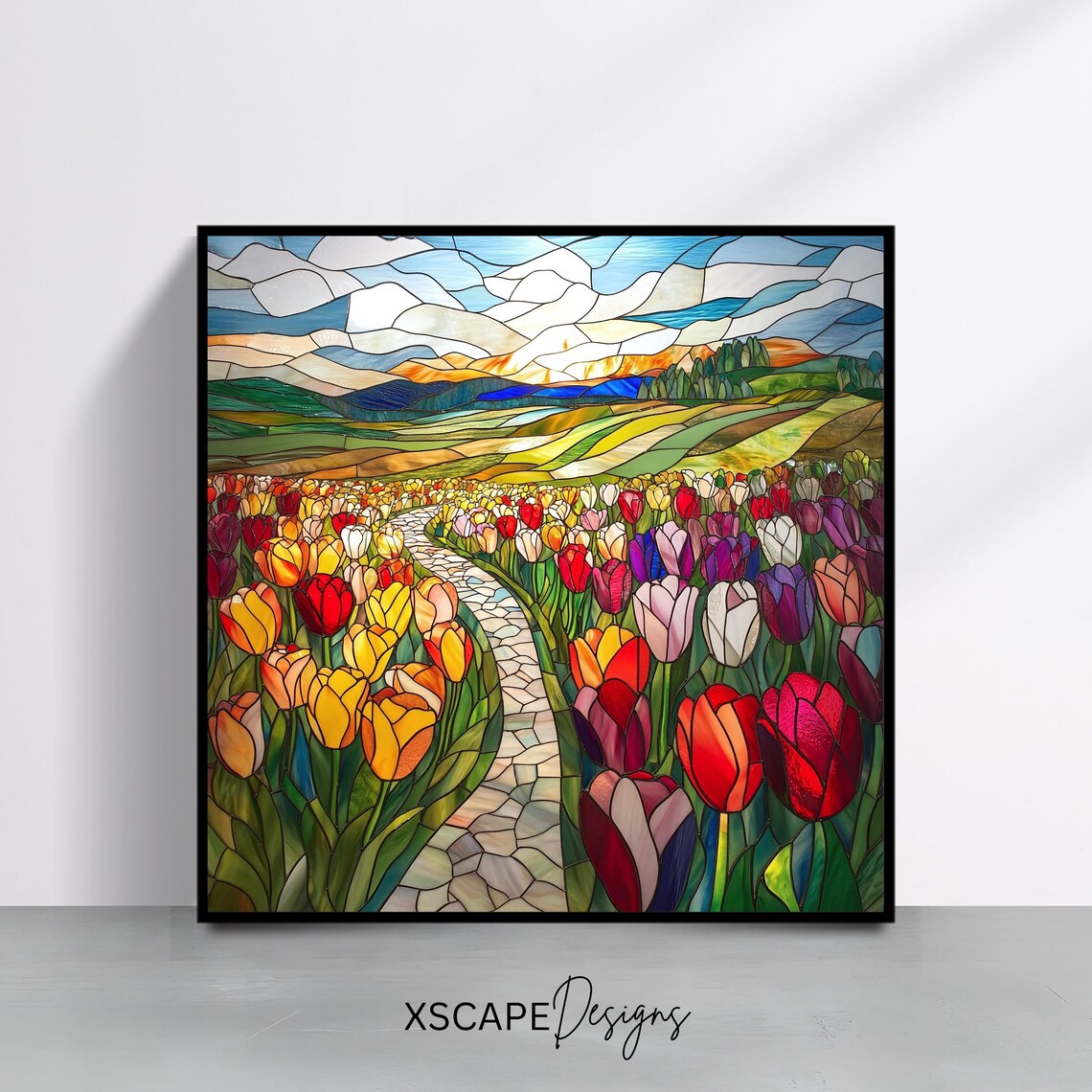Tulip Field Stained Glass Style Winding Path Sunset Floral Wall Art