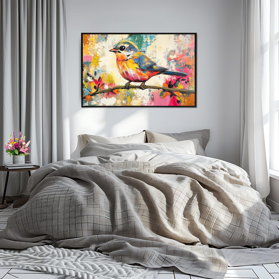 Colorful Songbird Branch Abstract Pastel Background Wildlife Art Print - Image 2