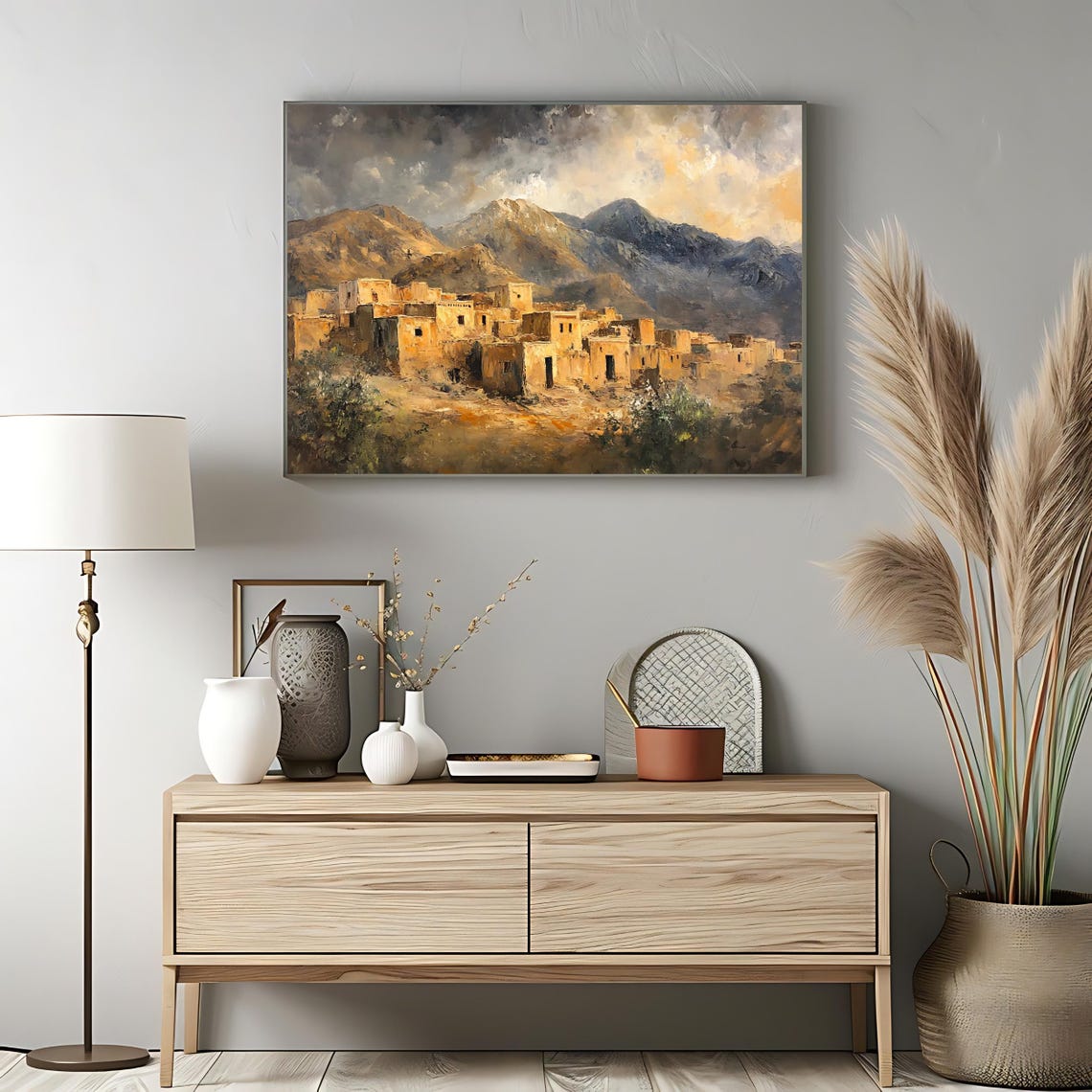 Desert Adobe Village Mountain Landscape Golden Light Old Town Poster - Image 3