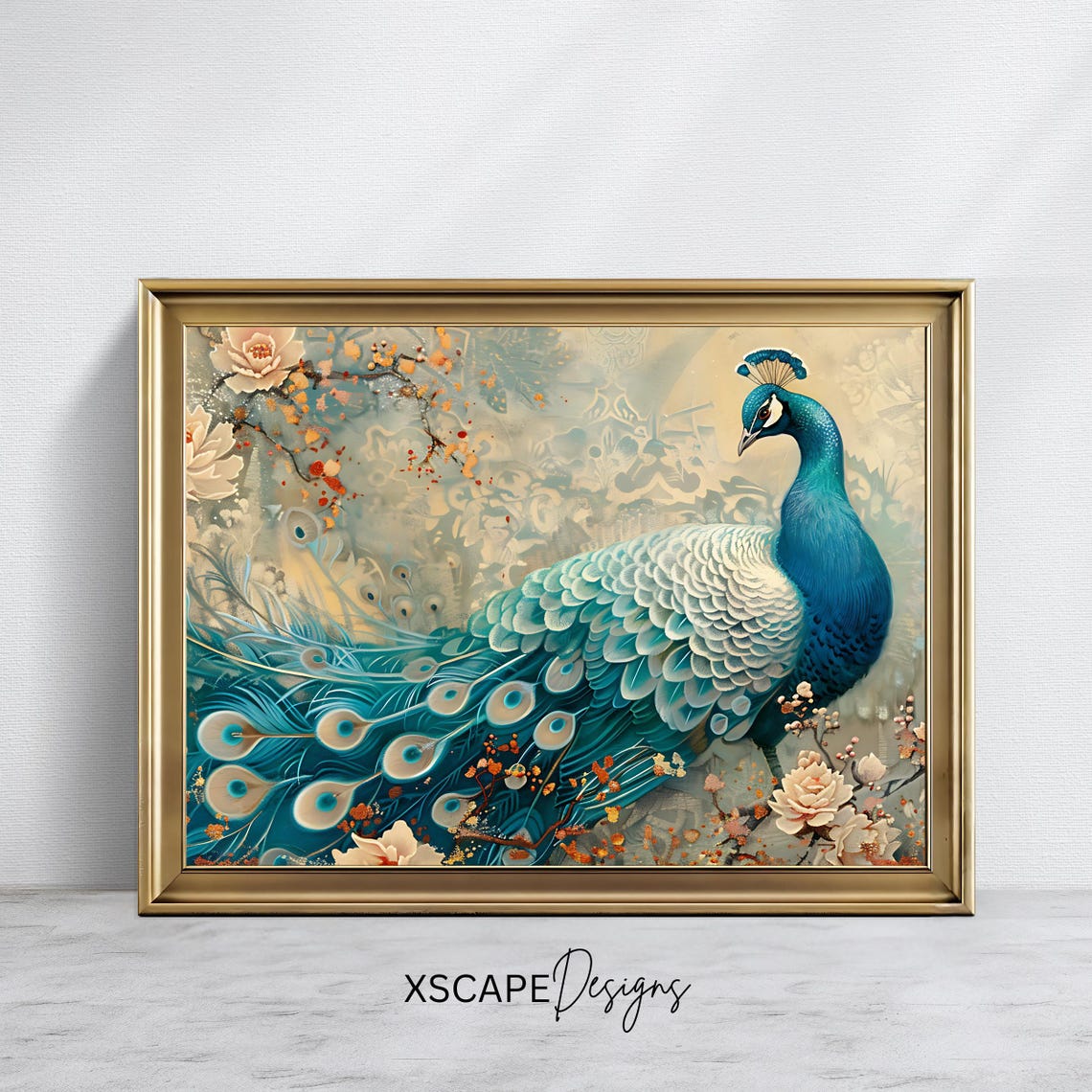 Elegant Blue Peacock Blossoms Graceful Bird Floral Illustration Poster