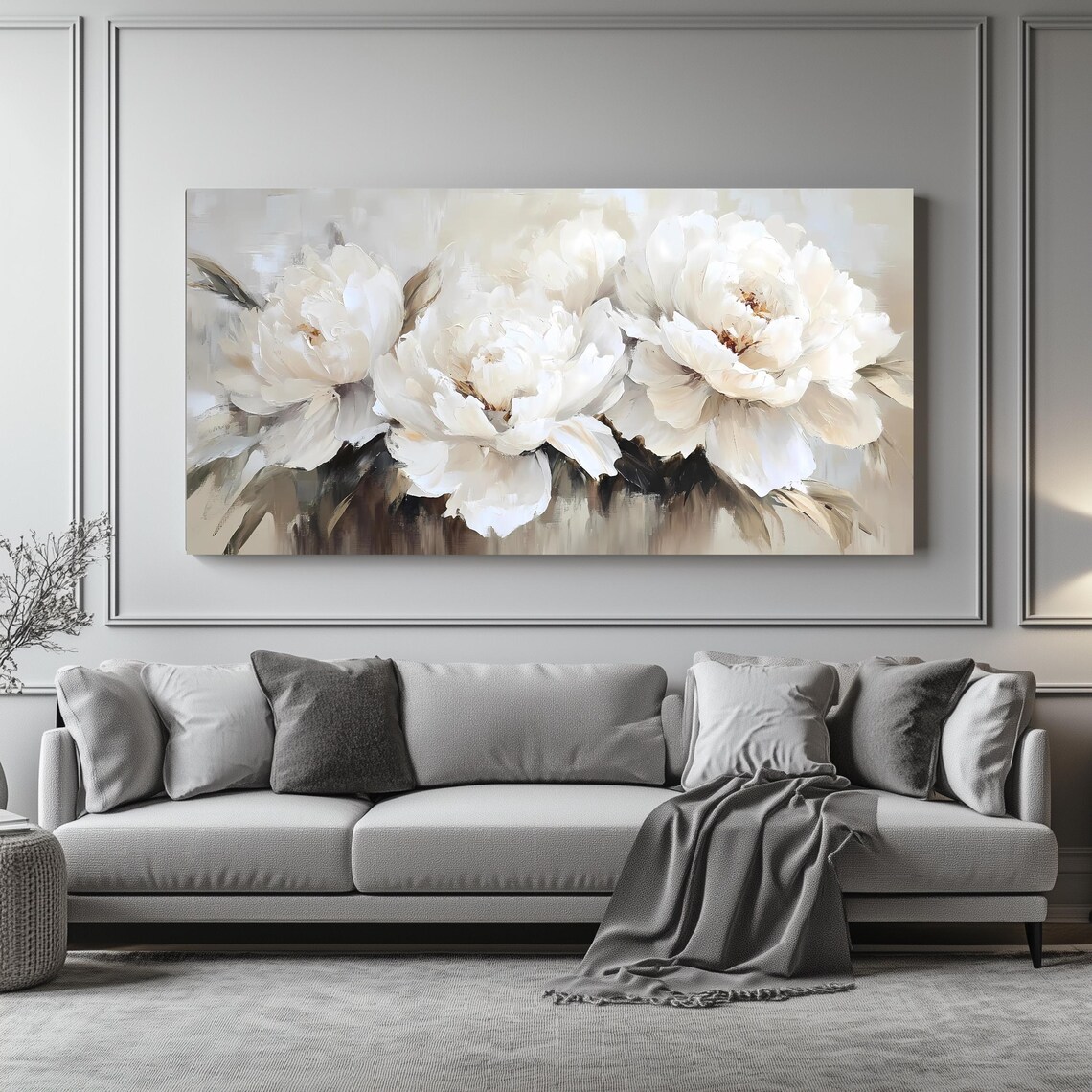 White Peonies Above Couch Wall Art Print - Image 4