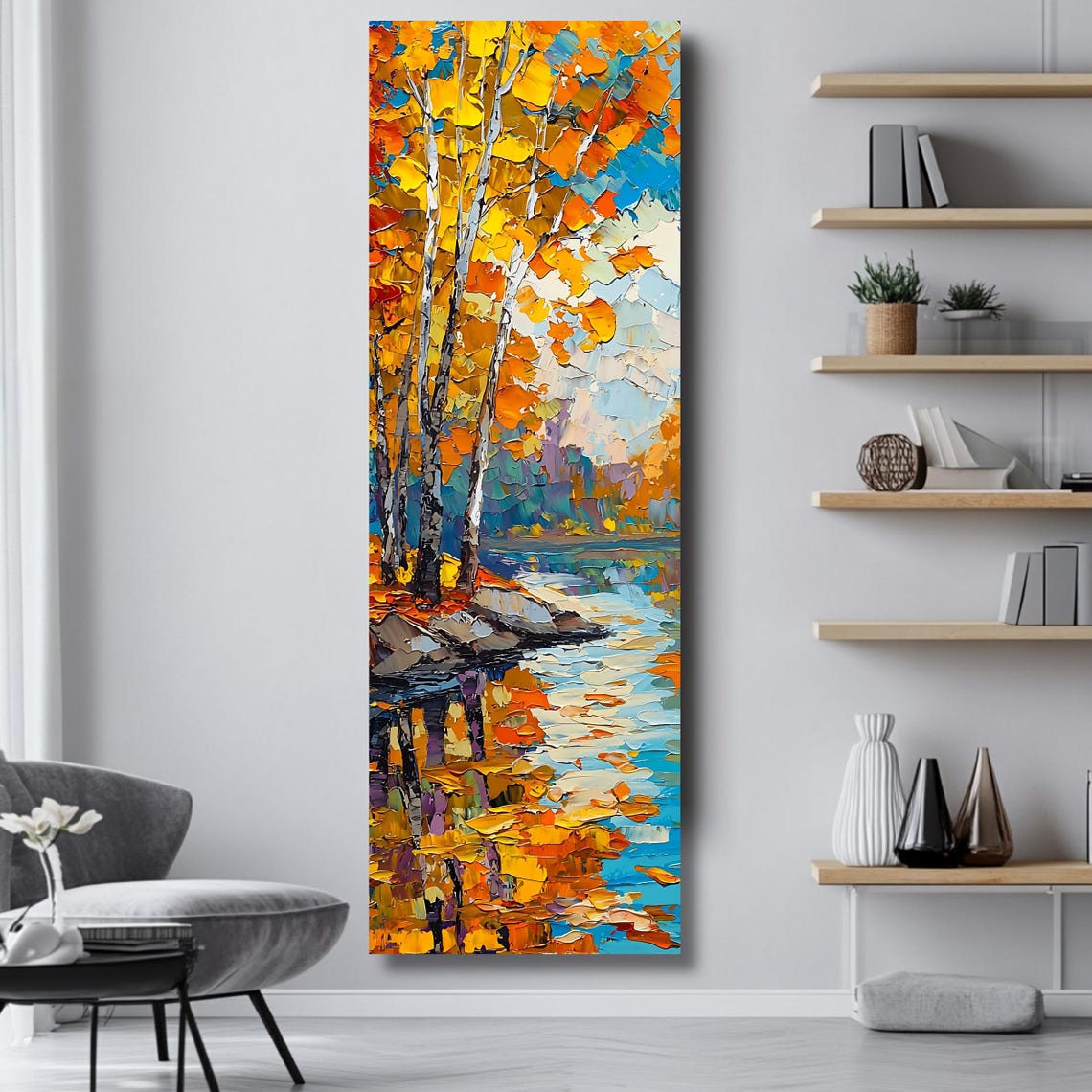 Autumn Birch Trees Lake Reflection Fall Colors Vertical Nature Poster - Image 4