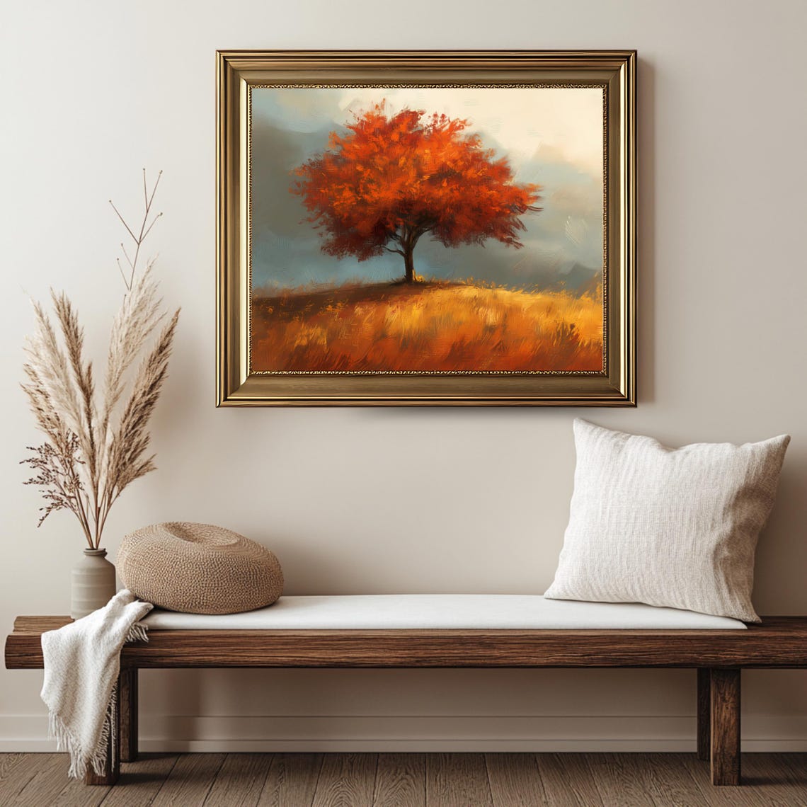 Red Autumn Tree Golden Hill Fall Foliage Meadow Landscape Wall Art - Image 2