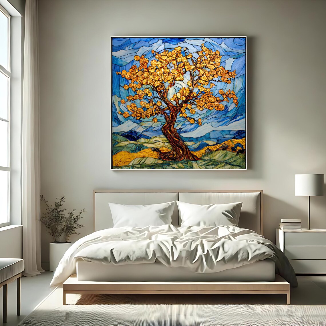 Stained Glass Tree Art Print Nature Inspired Wall Decor Square Landscape Painting - Image 2