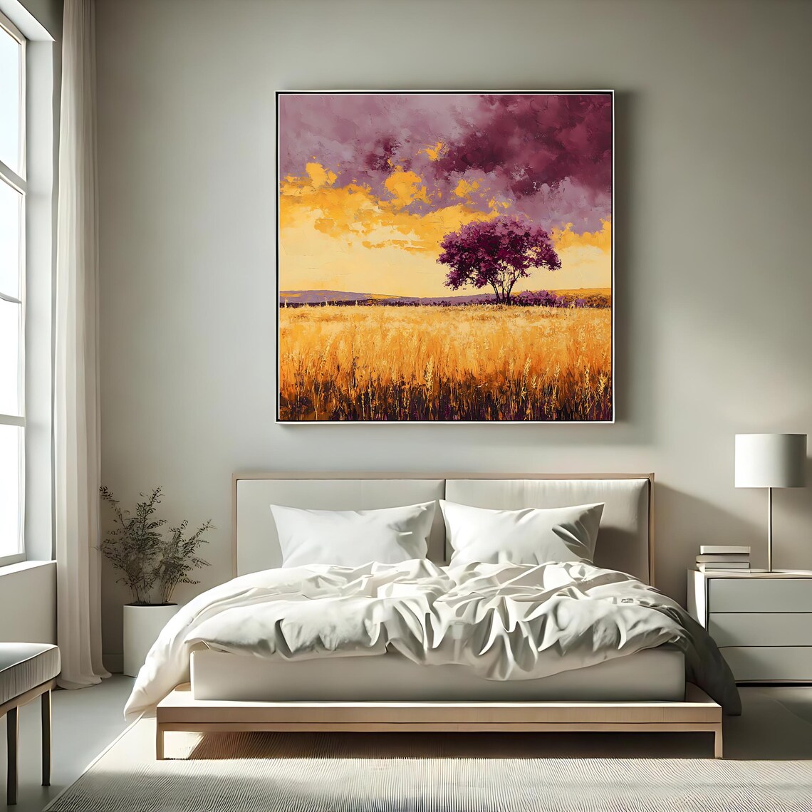 Golden Field Landscape Wall Art Print Vibrant Tree Artwork Square Nature Inspired Decor Dramatic Sky Painting - Image 2