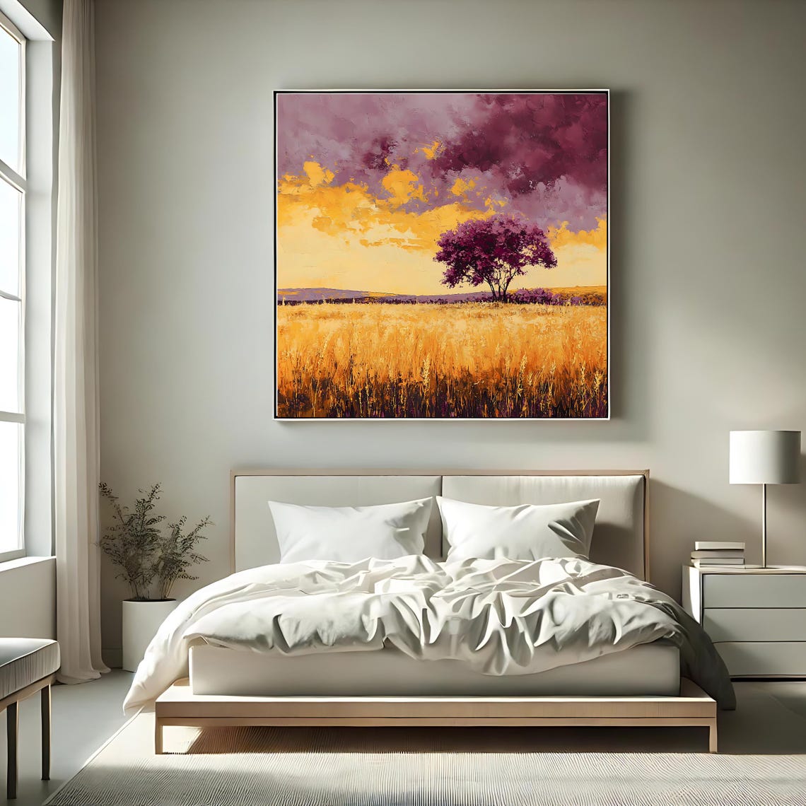 Golden Wheat Field Lone Tree Purple Sunset Sky Landscape Wall Poster - Image 2