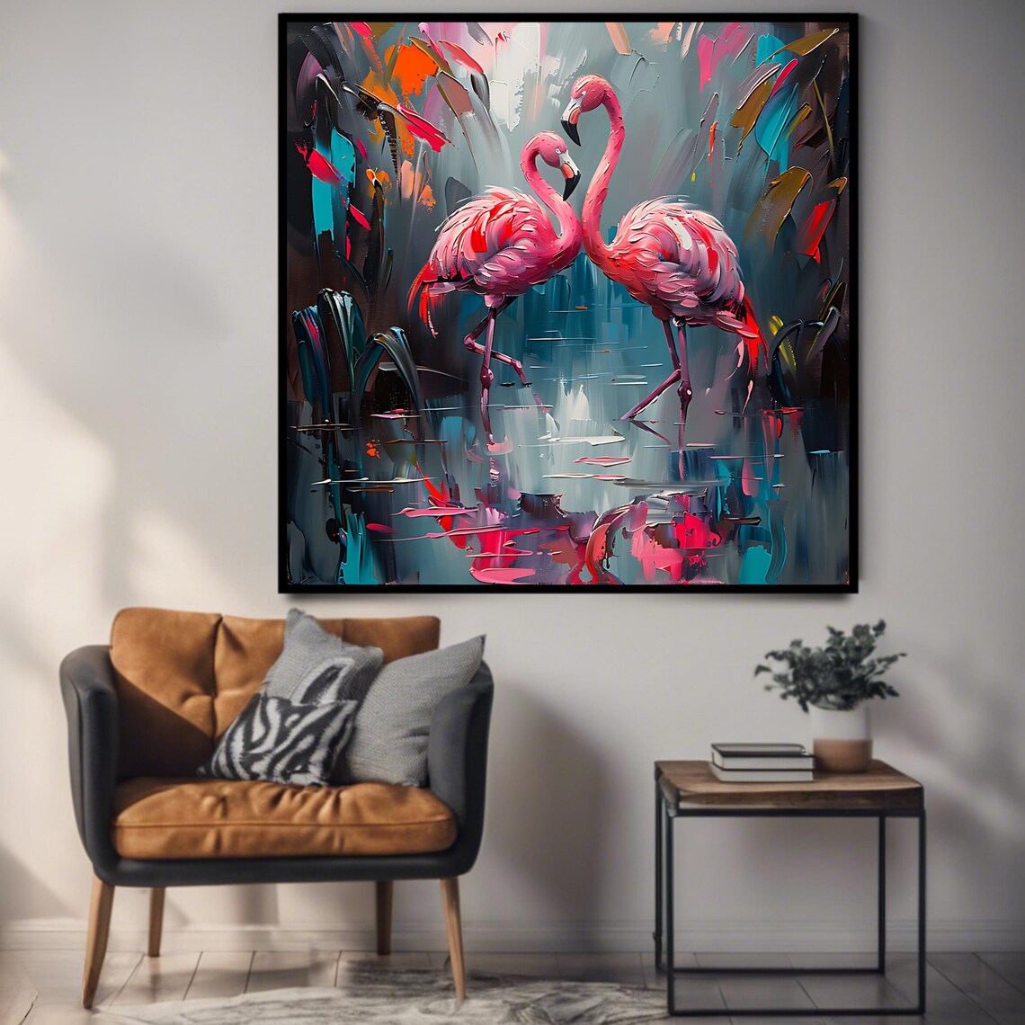 Pink Flamingo Pair Impasto Painting Tropical Bird Wall Art Poster - Image 3