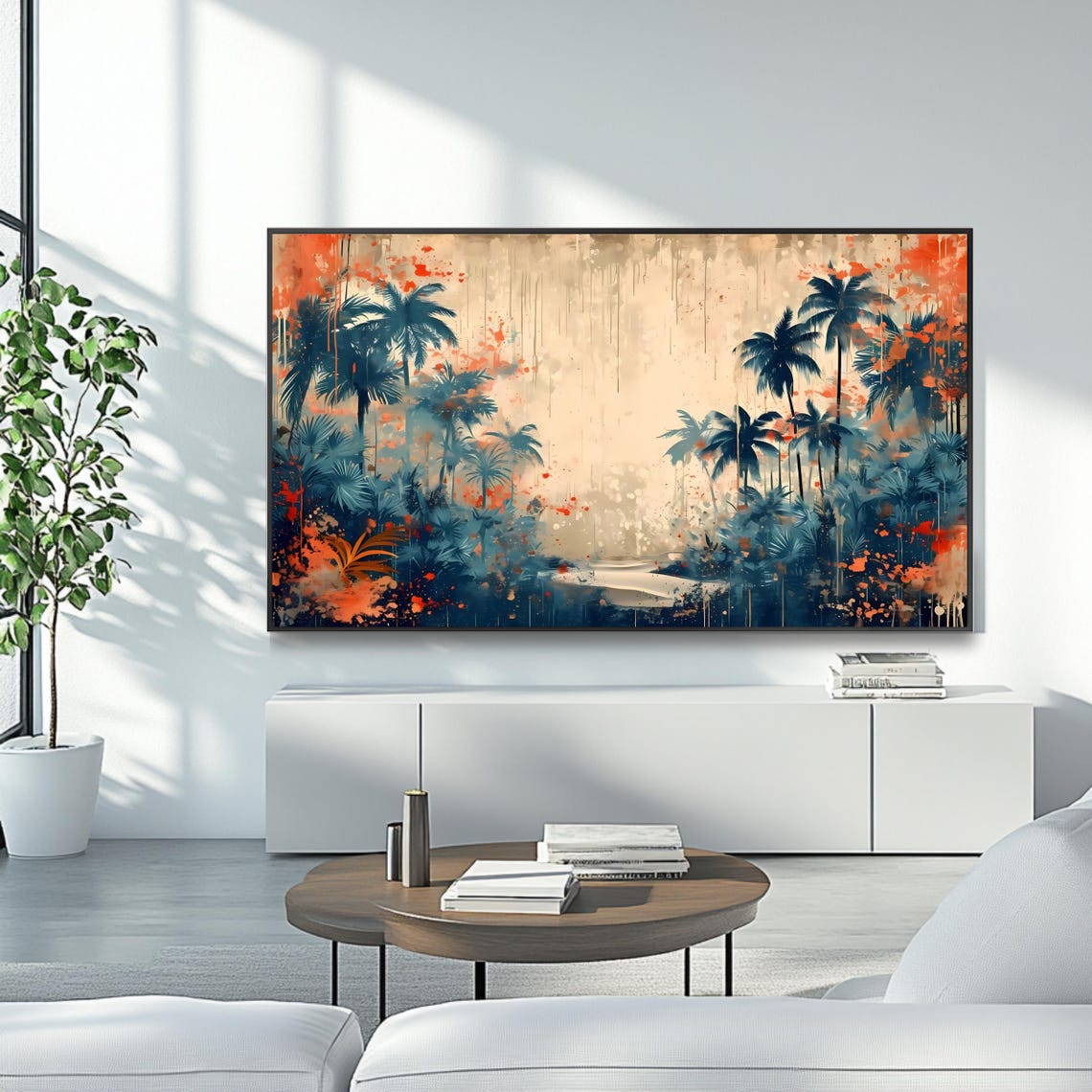Tropical Palm Grove Blue Orange Abstract Botanical Art Poster - Image 4