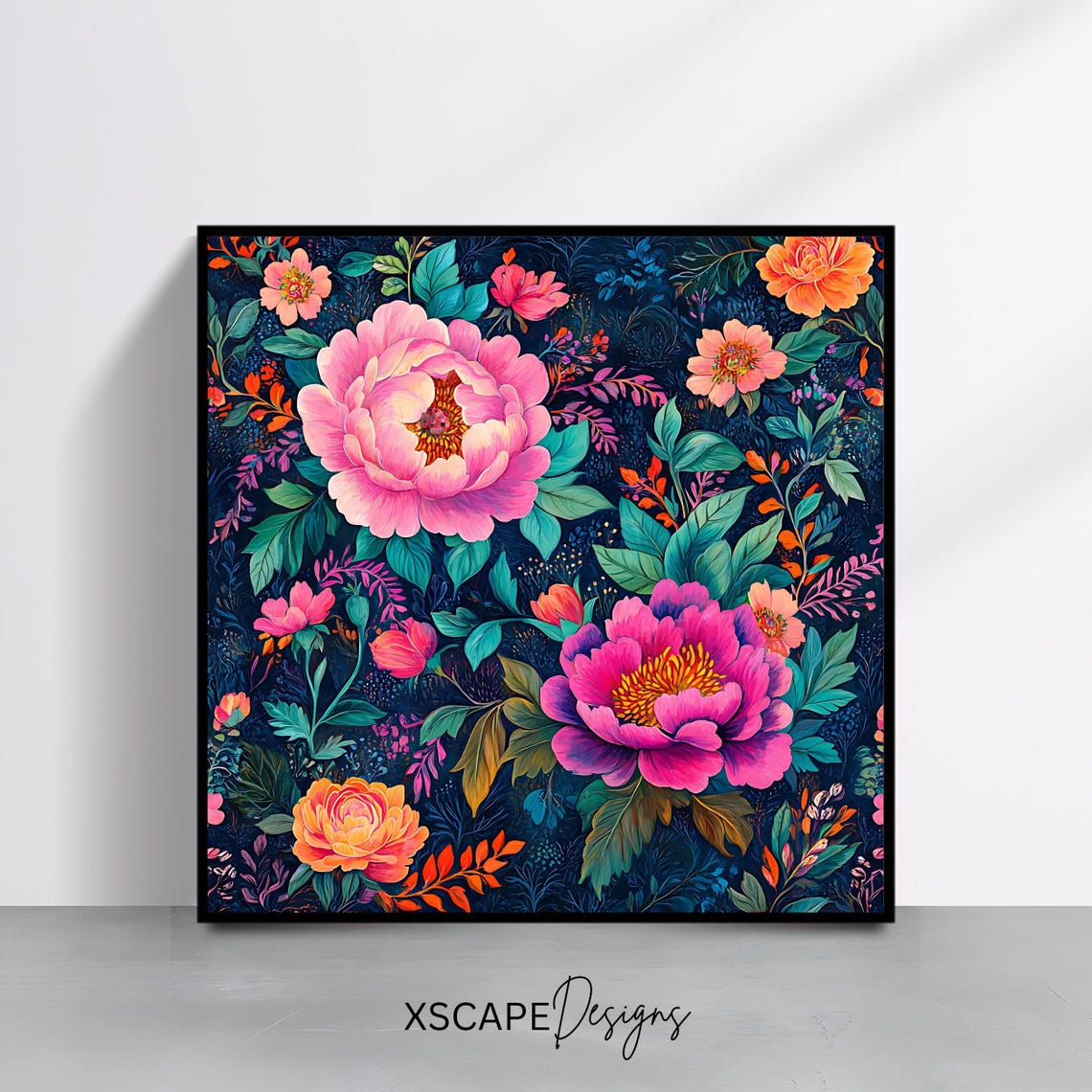 Vibrant Pink Peony Floral Pattern Midnight Blue Botanical Art Print