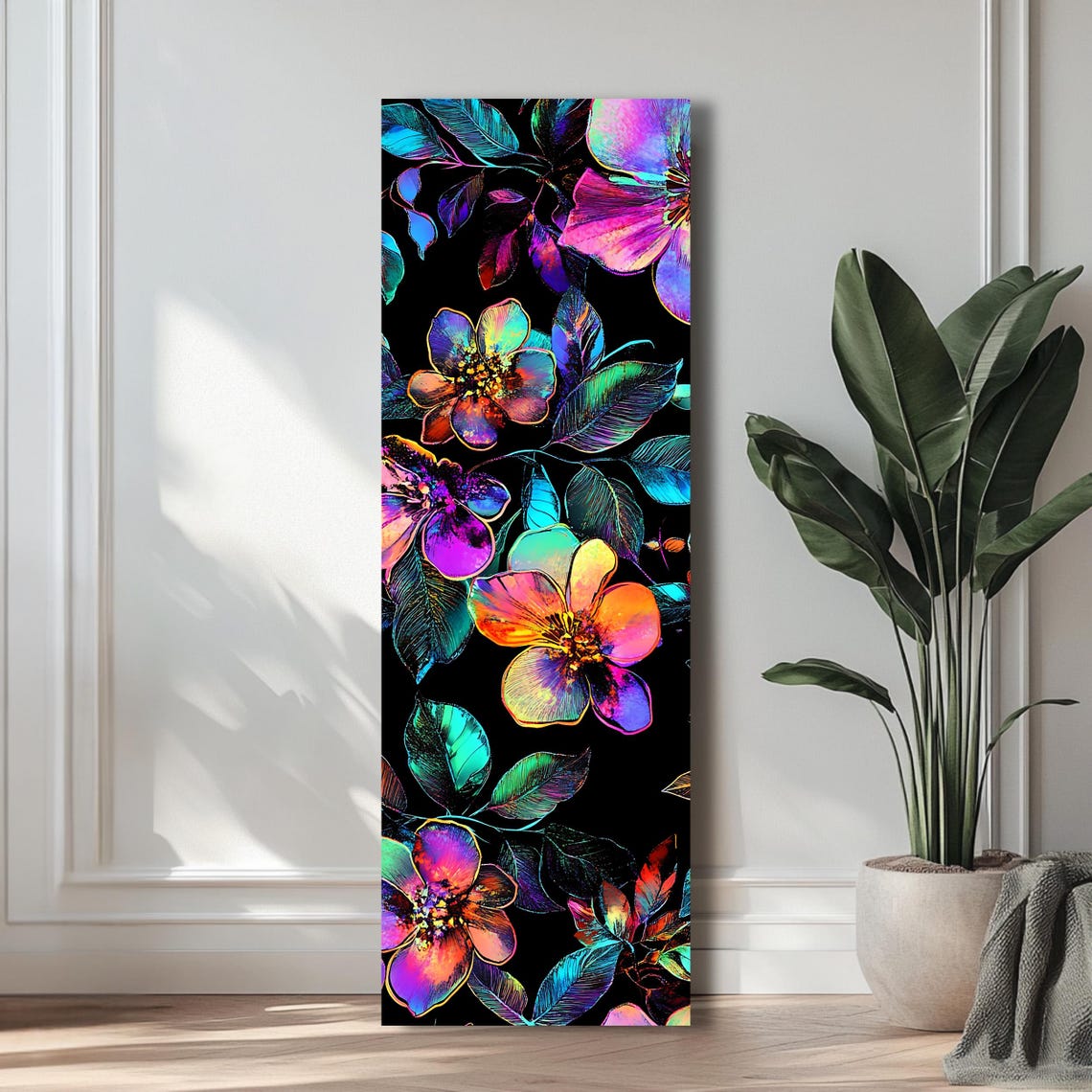 Dark Floral Neon Flowers Black Background Modern Botanical Poster - Image 3