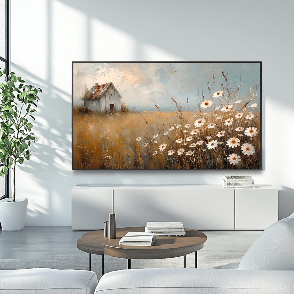 Rustic Country Cottage And Daisy Wildflowers Golden Field Art Poster - Image 4