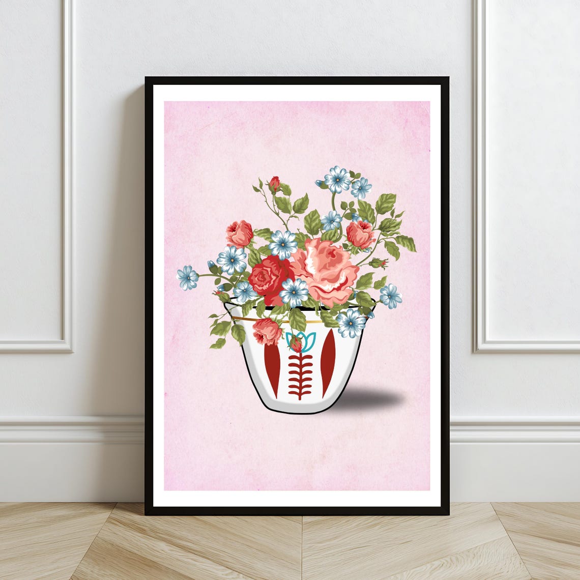 Floral Lebanese Coffee Cup Roses Blue Blossoms Pink Wall Art Poster - Image 2