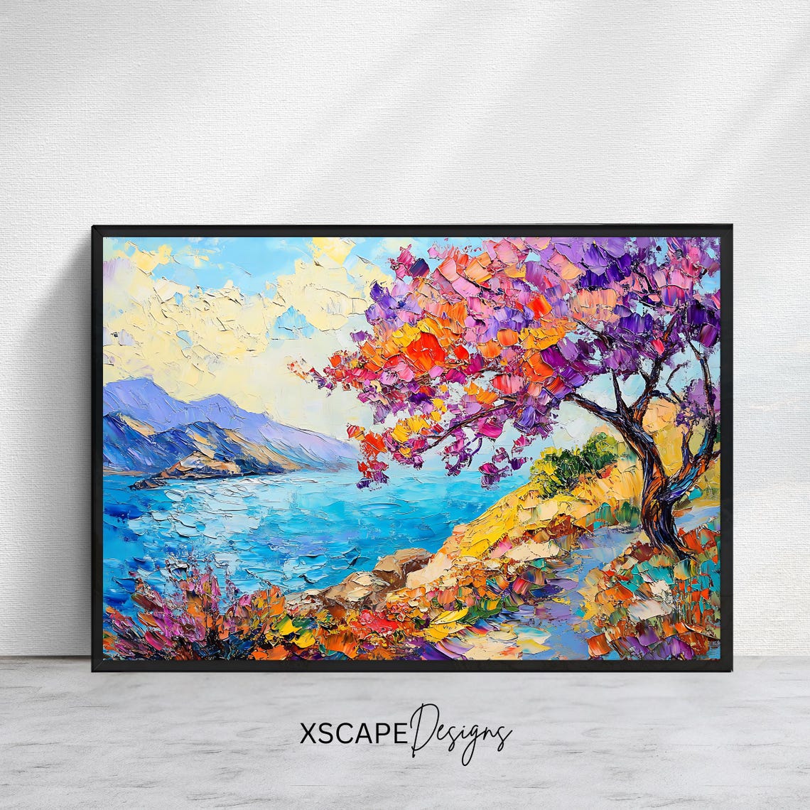 Blossoming Coastal Tree Turquoise Bay Impasto Seaside View Poster