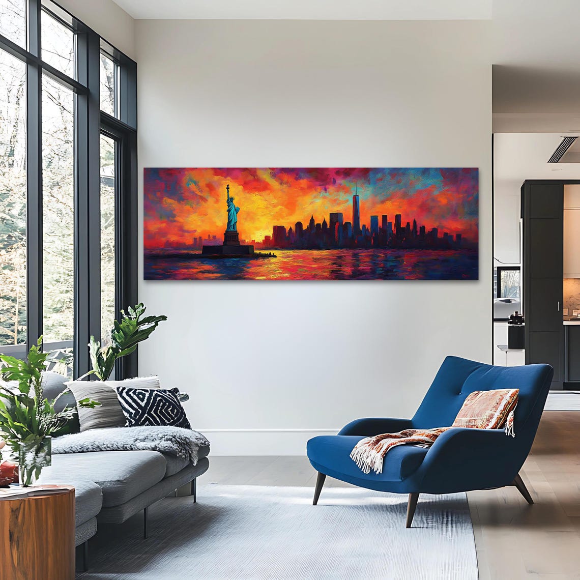 New York Skyline Statue Of Liberty Sunset Panoramic Cityscape Poster - Image 3
