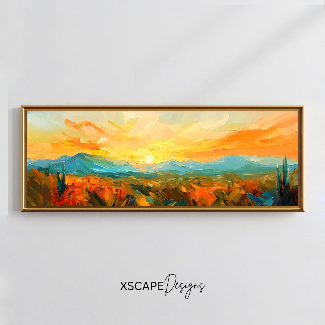 Desert Sunset Wall Art Long Horizontal Narrow Print Vibrant Southwest Landscape Artwork For Above Couch Or Bed