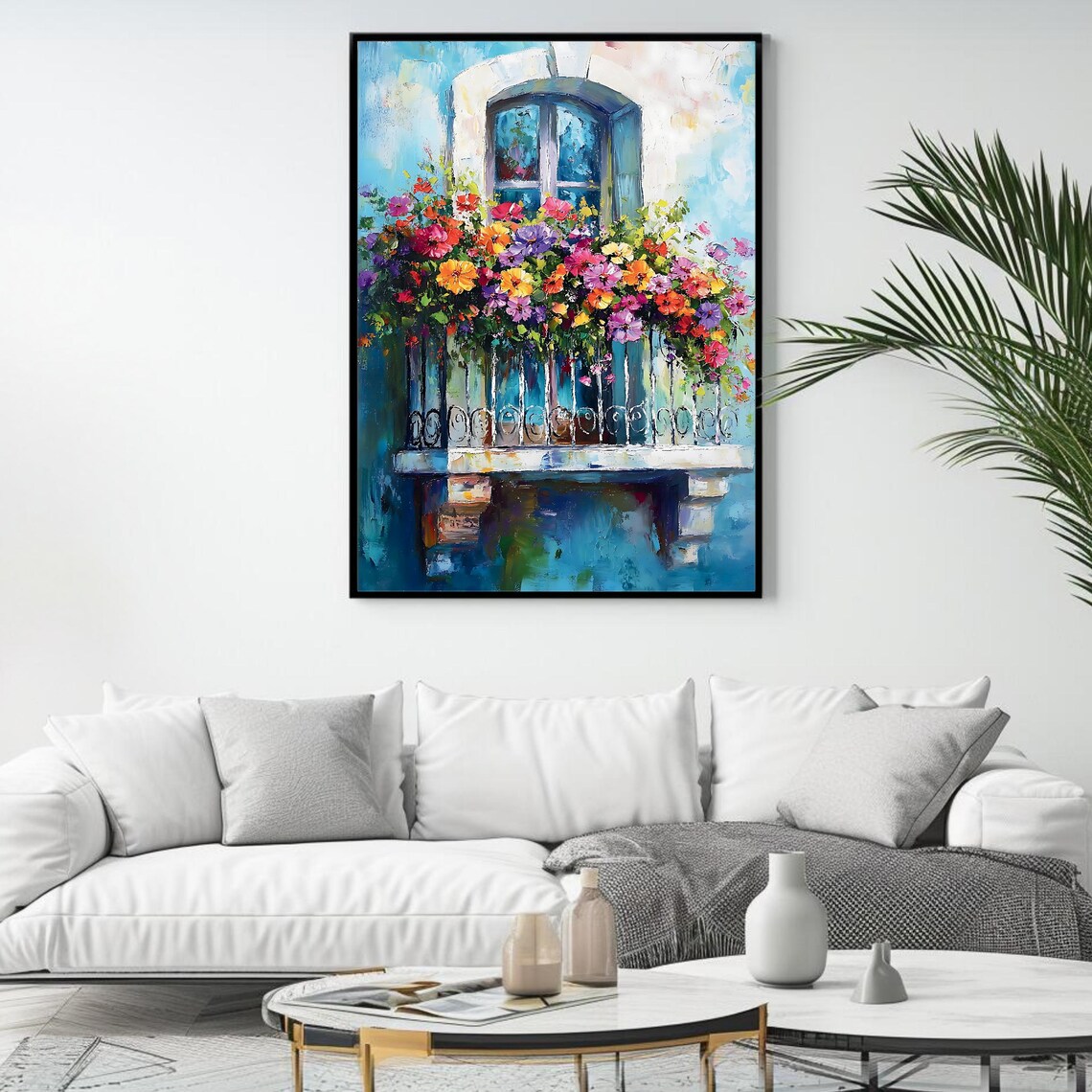 Floral Balcony Artwork, Mediterranean Window Scene - Image 4
