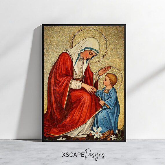 Virgin Mary Blessing Child Jesus Byzantine Mosaic Gold Religious Wall Art