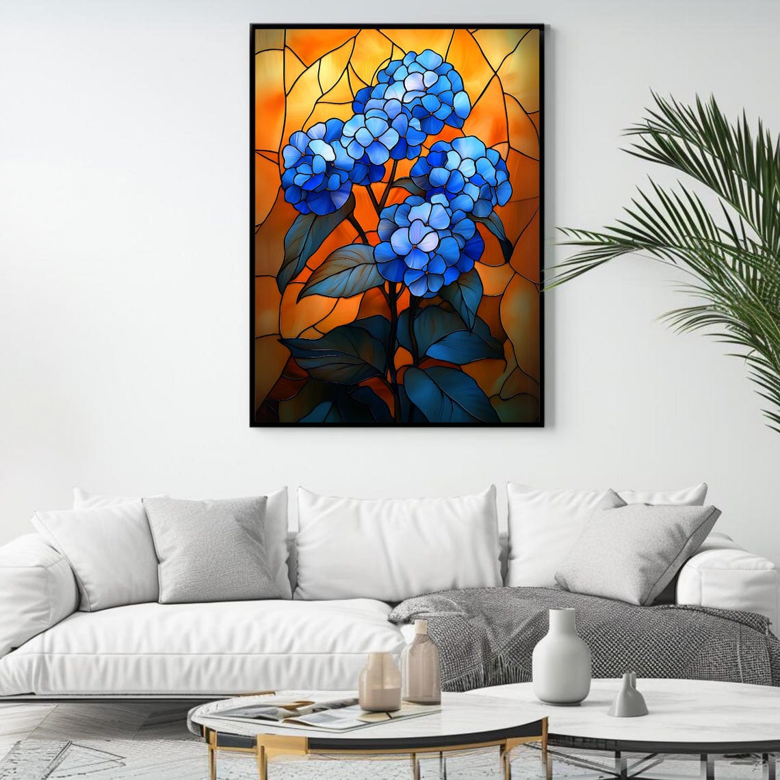 Blue Hydrangea Blossom Stained Glass Art Window Floral Wall Poster - Image 4
