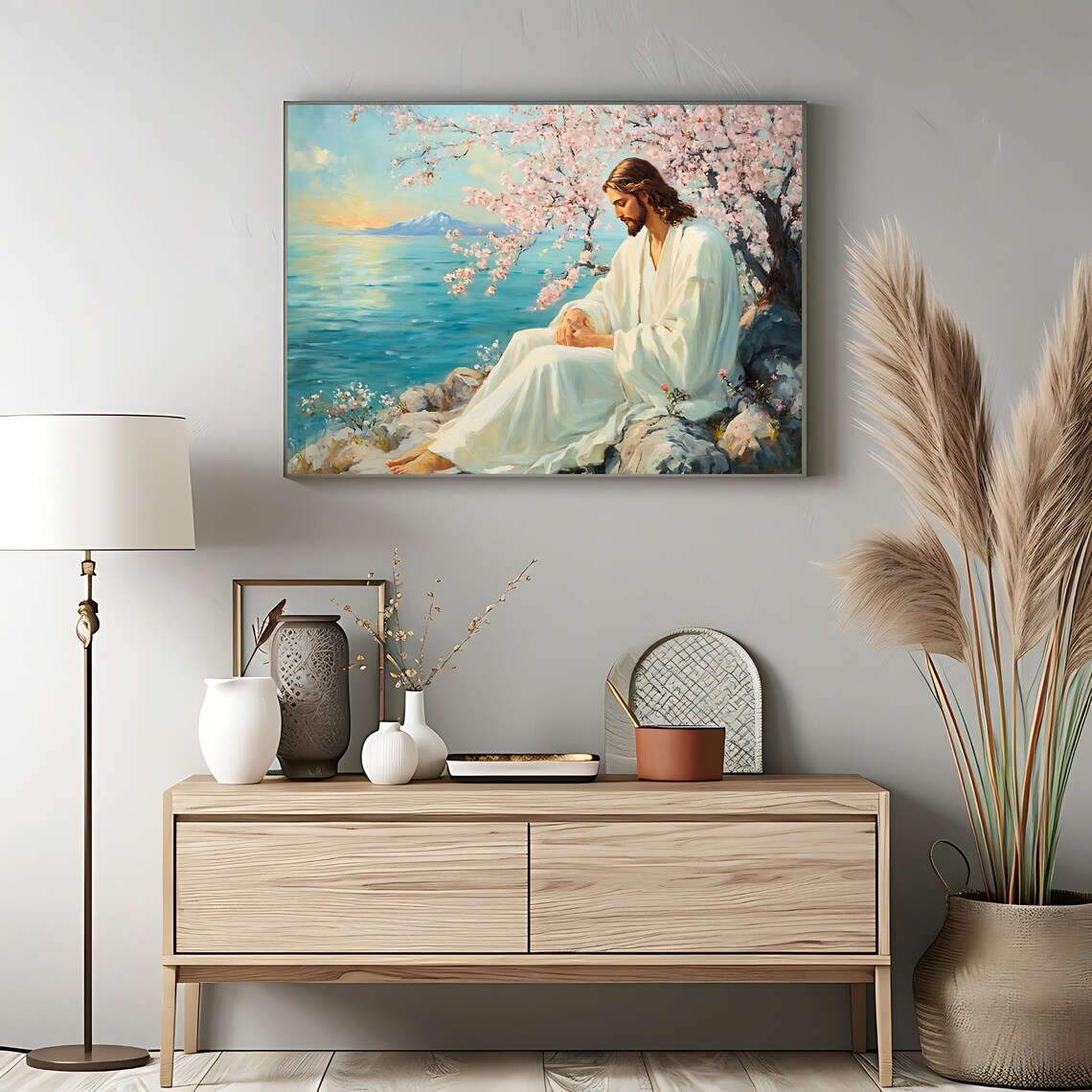 Jesus Resting by the Sea Under Cherry Blossoms Sunrise Serene Faith Art Print - Image 3