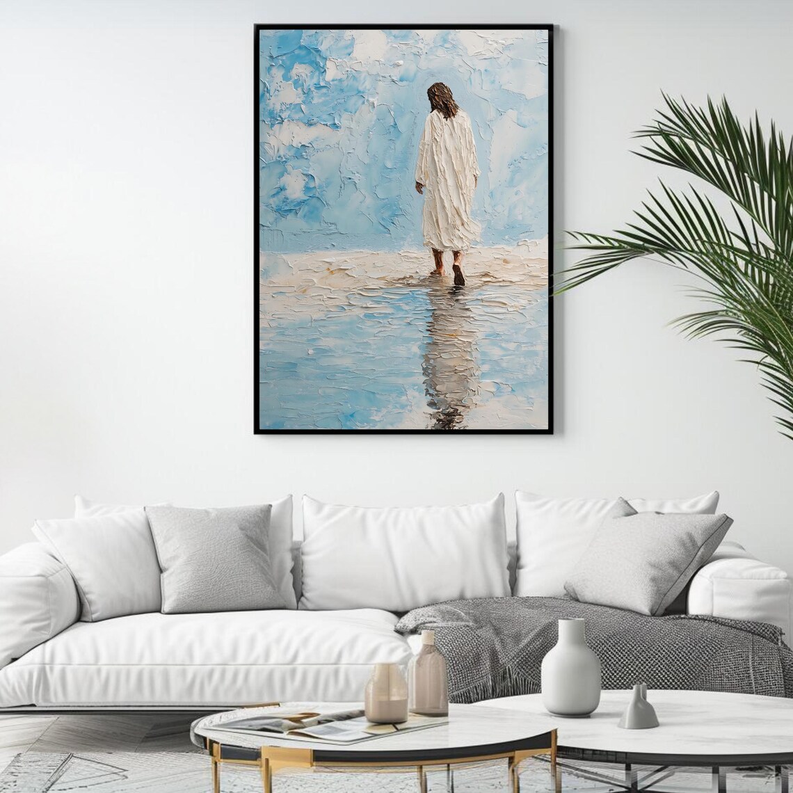 Jesus Walking On Water White Robe Blue Impasto Christian Faith Poster - Image 4