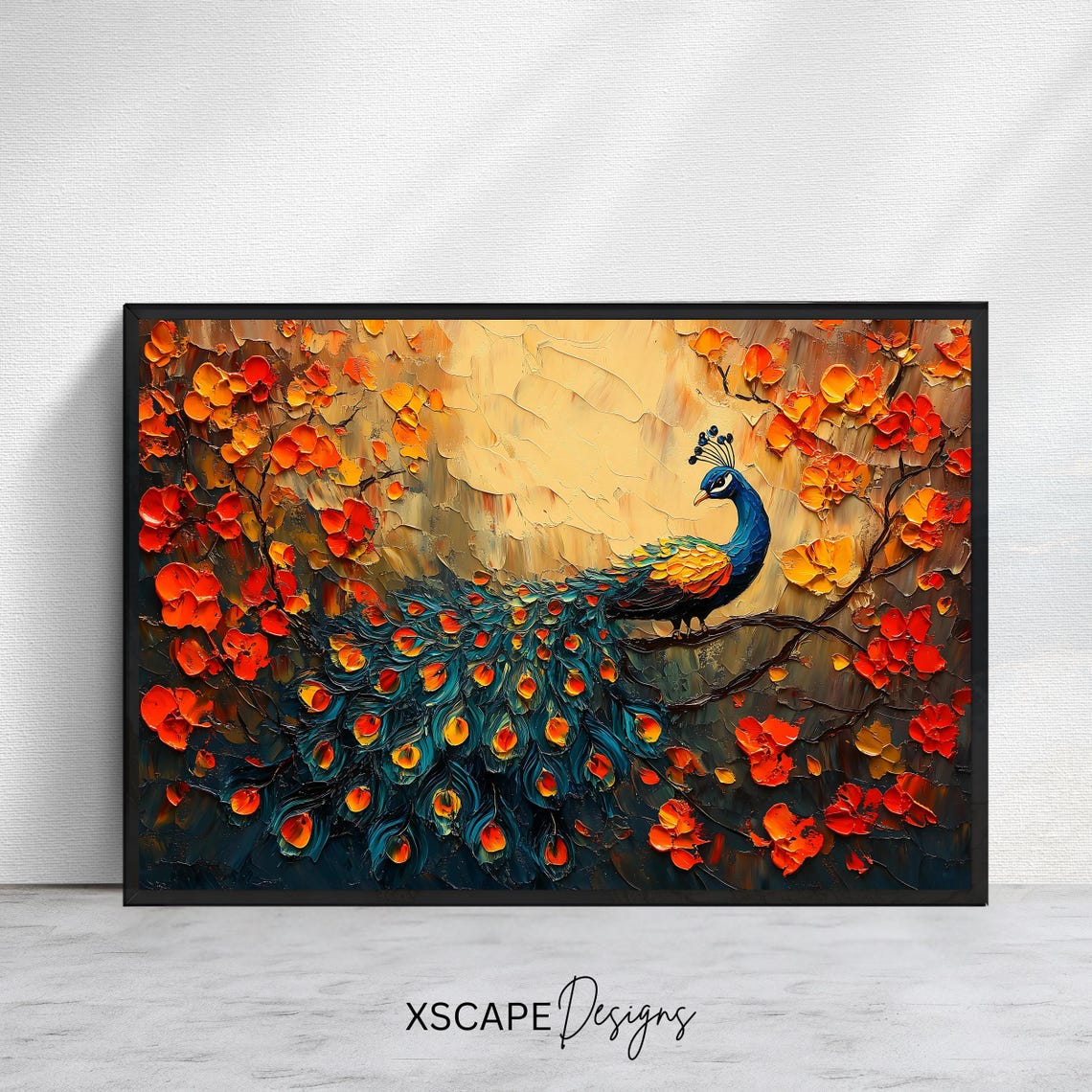 Peacock Art Print Vibrant Floral Wall Decor Exotic Bird Horizontal Wall Art Bold Nature Artwork