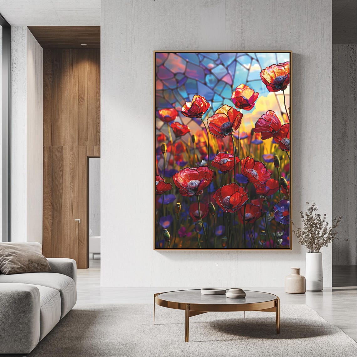 Stained Glass Red Poppies Vibrant Floral Mosaic Art Print Home Decor - Image 3