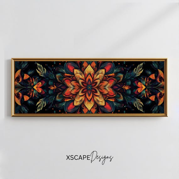 Dark Floral Mandala Wall Art Long Narrow Panoramic Print Boho Oversized Above Sofa Or Bed Decor Moody Botanical