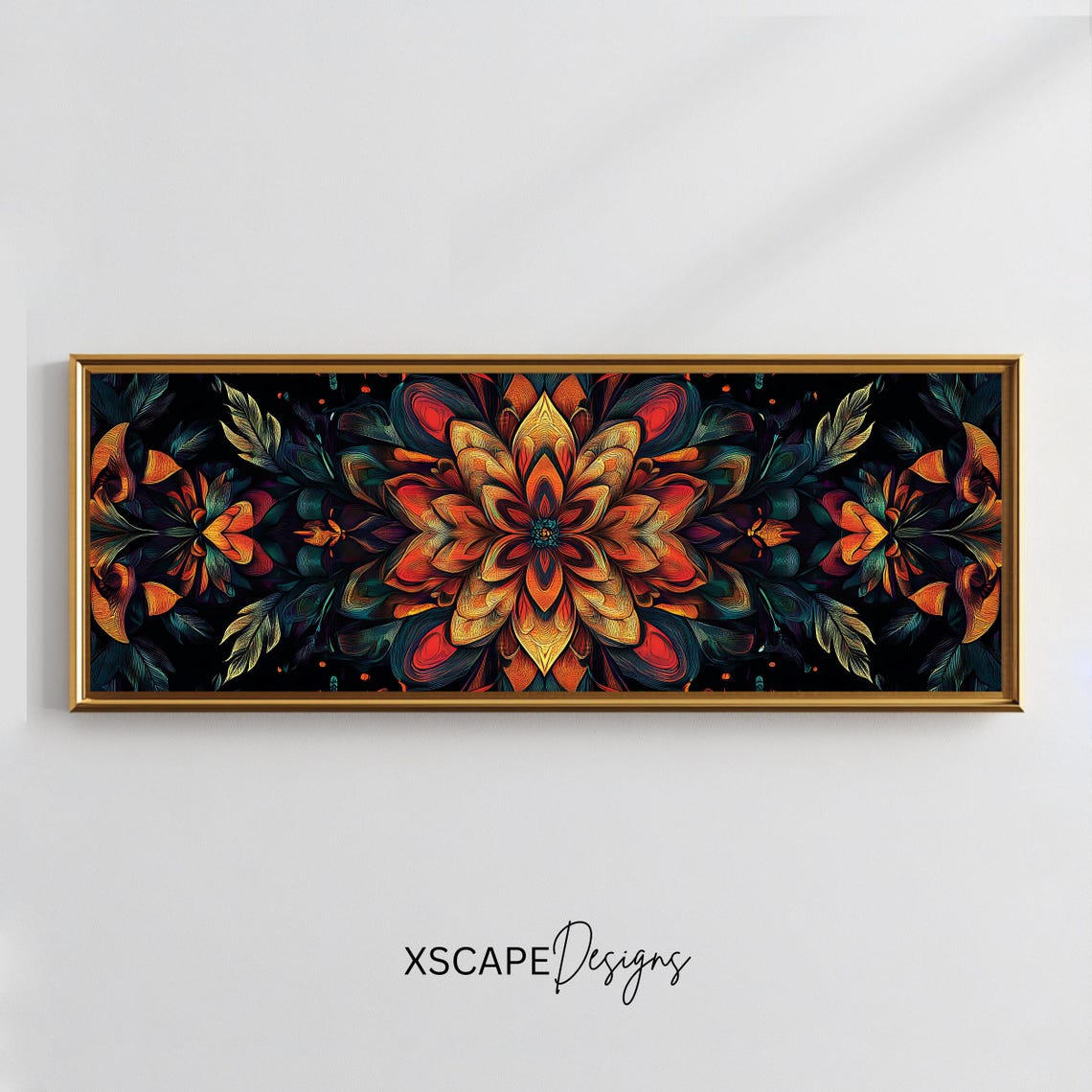 Dark Floral Mandala Wall Art Long Narrow Panoramic Print Boho Oversized Above Sofa Or Bed Decor Moody Botanical