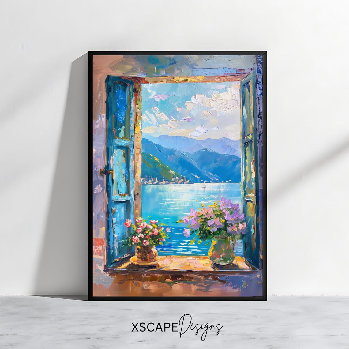 Lake Como Italy Open Window Lake View Flower Pots Travel Poster