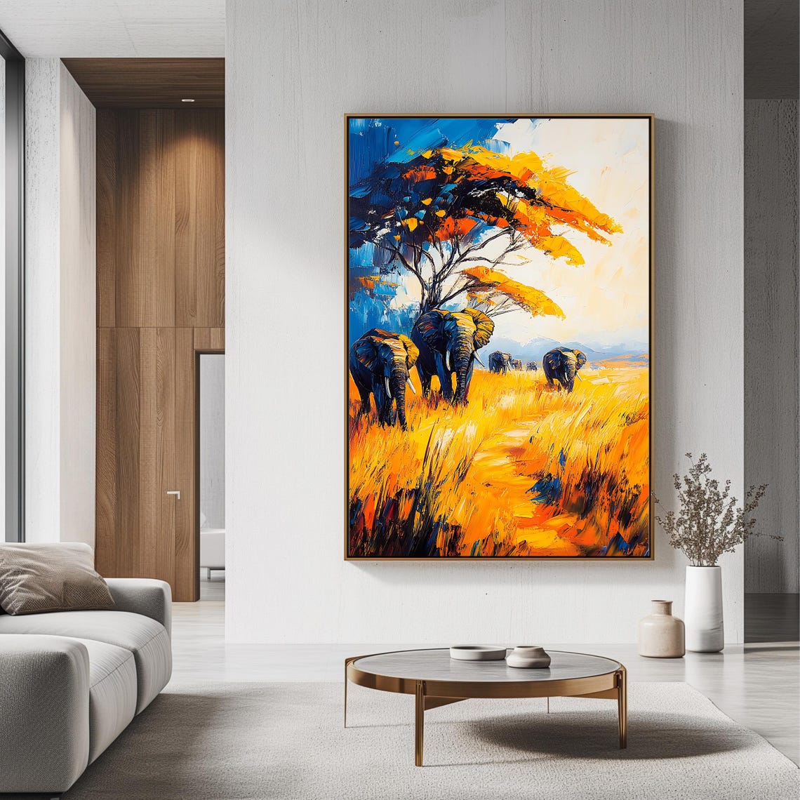 African Elephants Walking Golden Savanna Under Acacia Tree Art Poster - Image 3