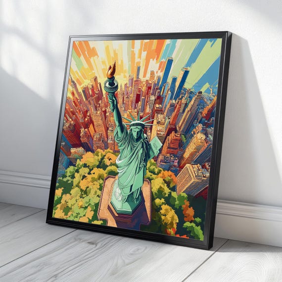Statue Of Liberty Art Print Square Nyc Wall Decor Vibrant Urban Landmark Artwork Instant