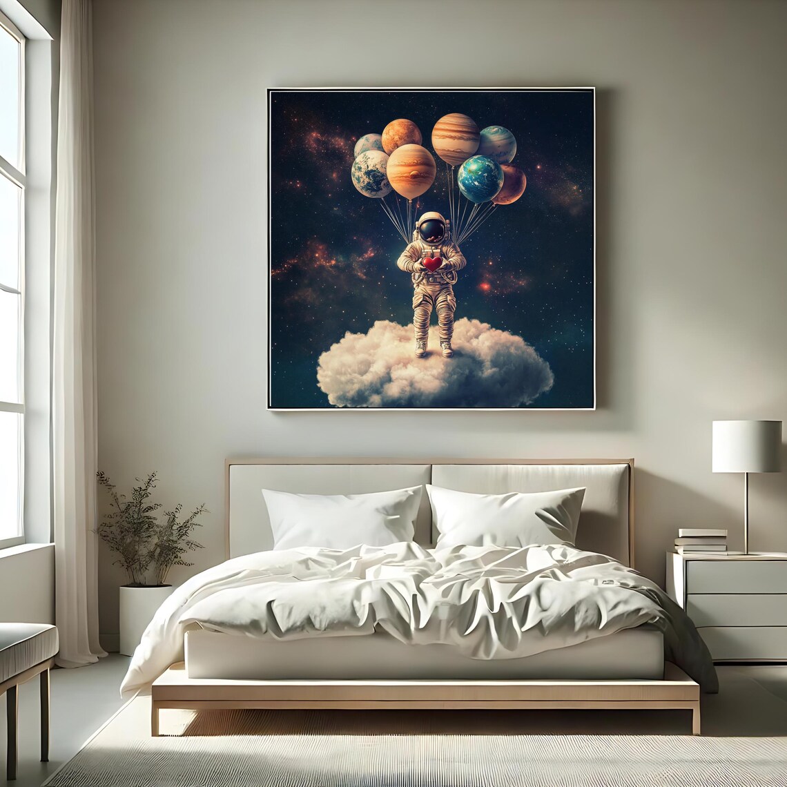 Astronaut Holding Planet Balloons Red Heart Cosmic Starry Night Art Print - Image 2