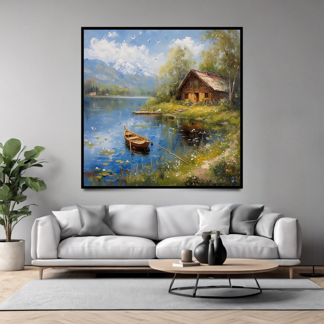 Lakeside Cabin Rowboat Snowy Mountain Lake Rustic Scenic Print - Image 4