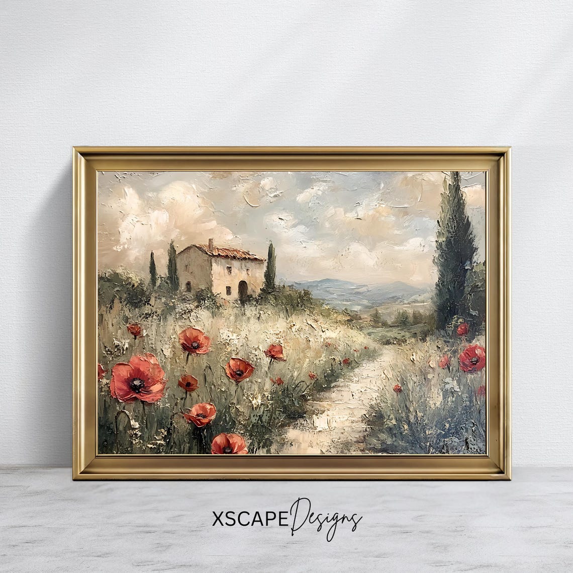 Vintage Tuscan Farmhouse Red Poppy Field Cypress Hills Travel Poster